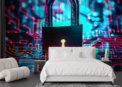 Padlock over glowing abstract electronic circuit background, vertical banner - cyber security concept.  Wall mural